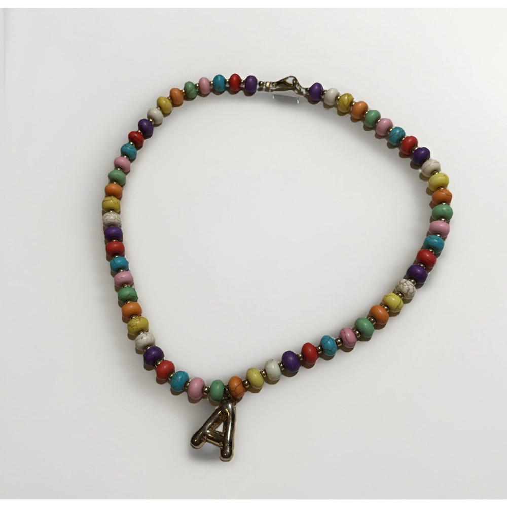 Colorful Beaded Initial Necklace Letter A Charm Anthro Style Handmade 16”